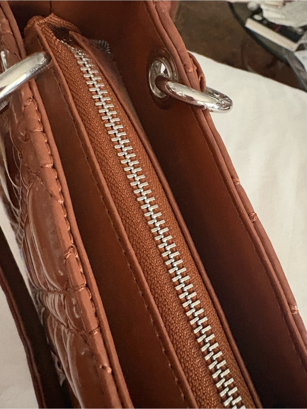 Brown Quilted faux patent Leather Mini Tote - Picture 5 of 7